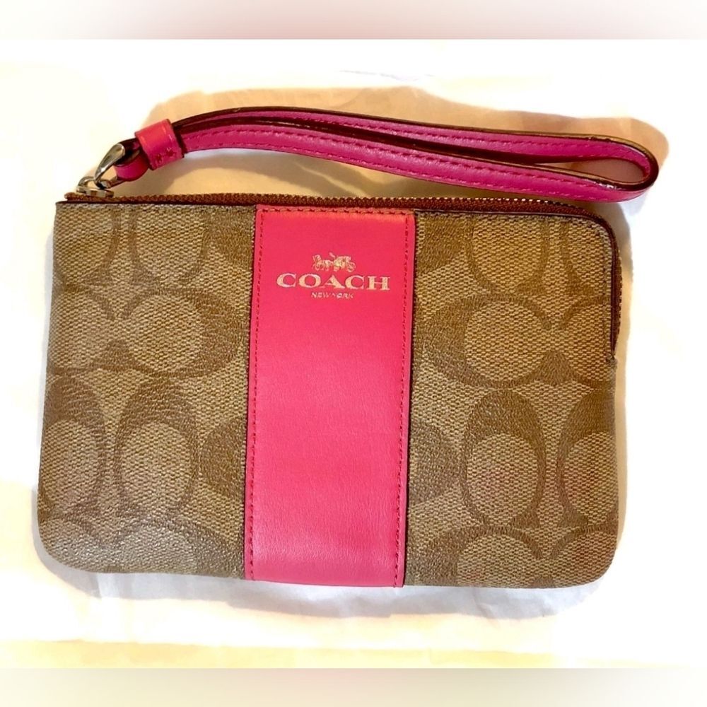 NEW COACH Signature Leather Small Wristlet Khaki Pink Silver Wallet Clutch
